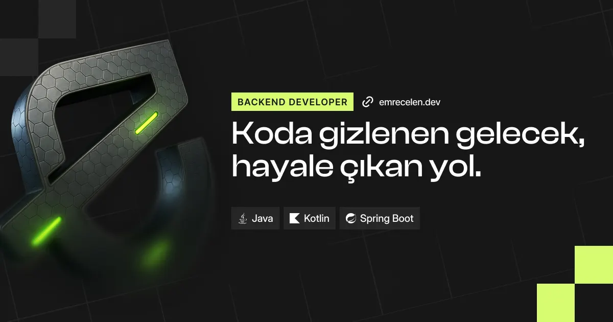 Koyu ızgara zemin üzerinde, petek dokulu ve yeşil ışık çizgili üç boyutlu "e" logosu. Yanında "Koda gizlenen gelecek, hayale çıkan yol." yazısı, Backend Developer rozeti ve Java, Kotlin, Spring Boot etiketleri.